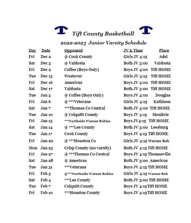  22-23 JV Basketball Schedule
