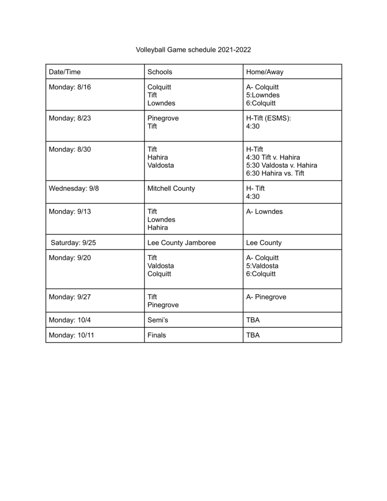 Volley Ball Schedule