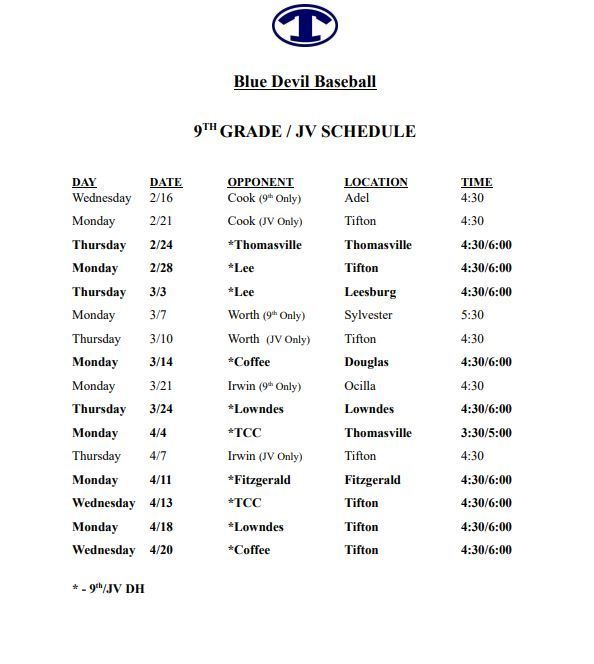 JV baseball schedule