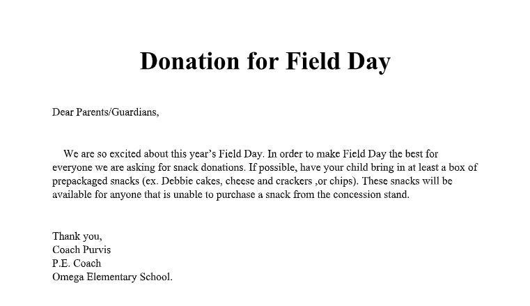 Donation for Field Day Letter